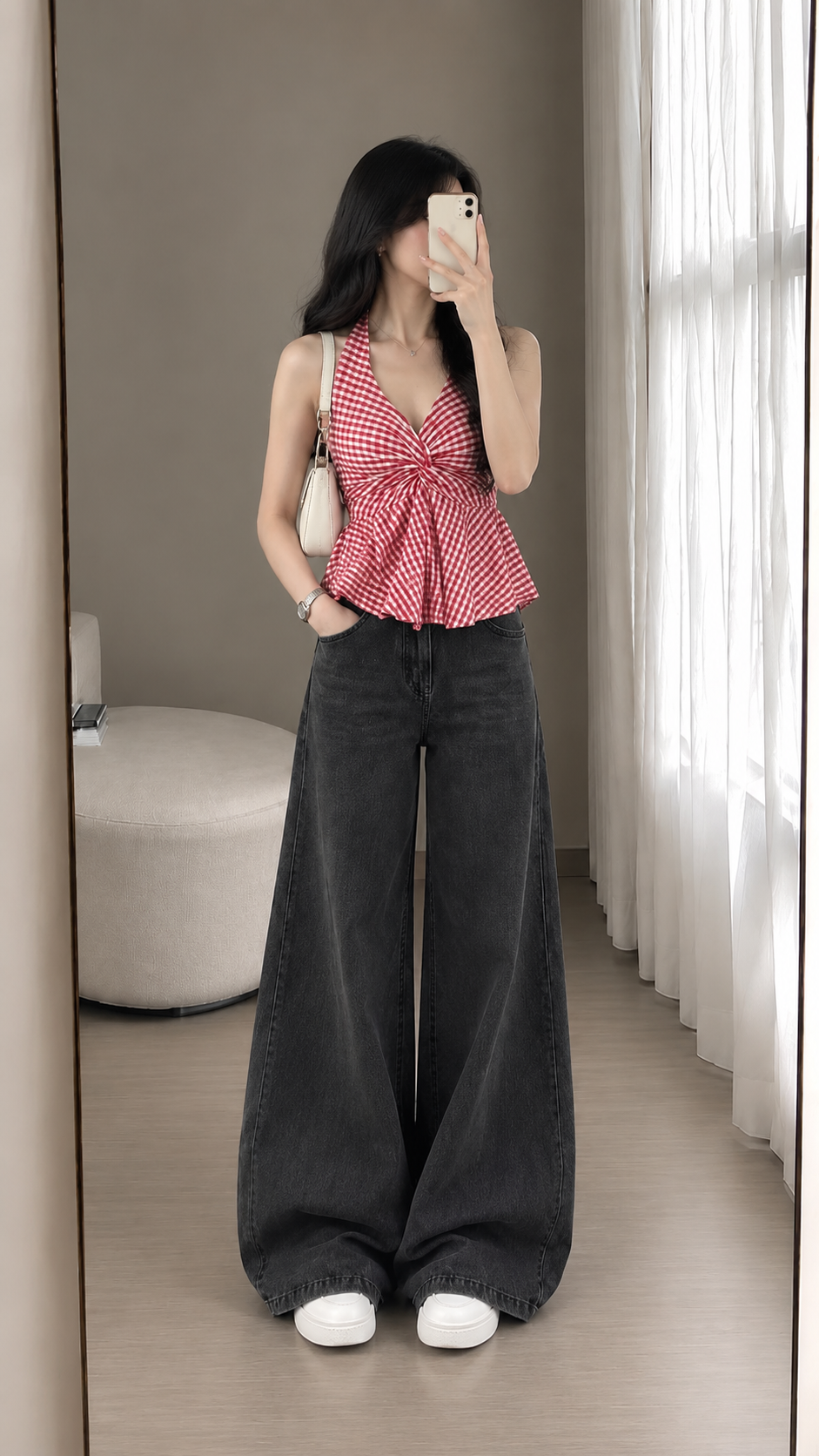 Women’s Red Gingham Halter Neck Peplum Top – Checkered Pattern with Flared Hem & Tie-Back Detail