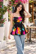 Women’s Black Floral Printed Peplum Top with Spaghetti Straps, Flared Fit & Stylish Casual Party Wear