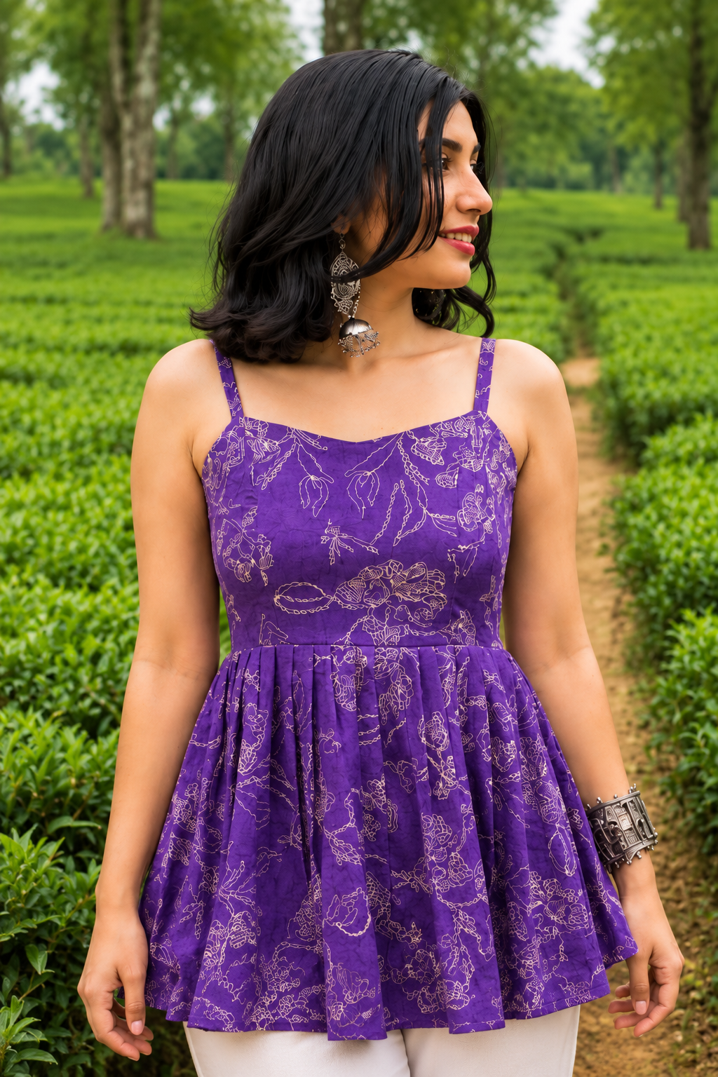 Purple Floral Print Fit & Flare Dress for Women with Pleated Design, Spaghetti Straps & Flowy Silhouette