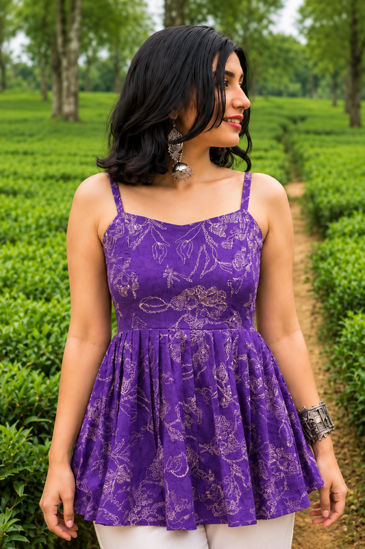 Purple Floral Print Fit & Flare Dress for Women with Pleated Design, Spaghetti Straps & Flowy Silhouette
