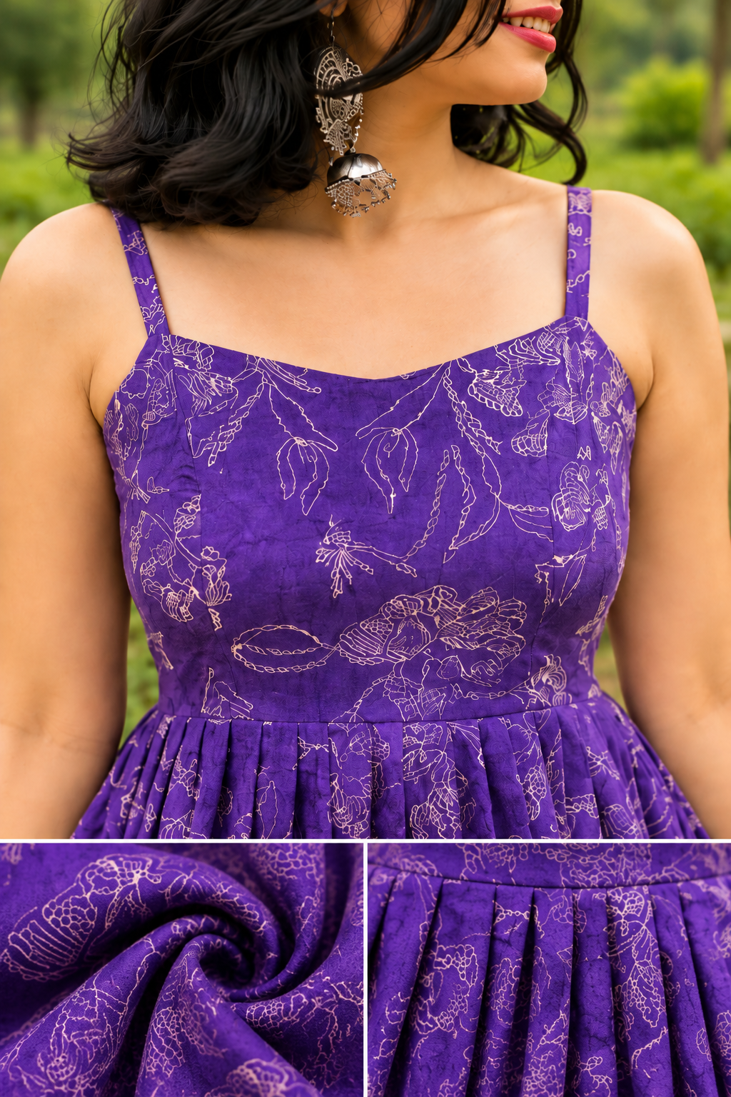 Purple Floral Print Fit & Flare Dress for Women with Pleated Design, Spaghetti Straps & Flowy Silhouette