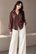 Women’s Brown Solid Satin Finish Button Down Full Sleeve Shirt – Elegant Collared Top with Relaxed Fit