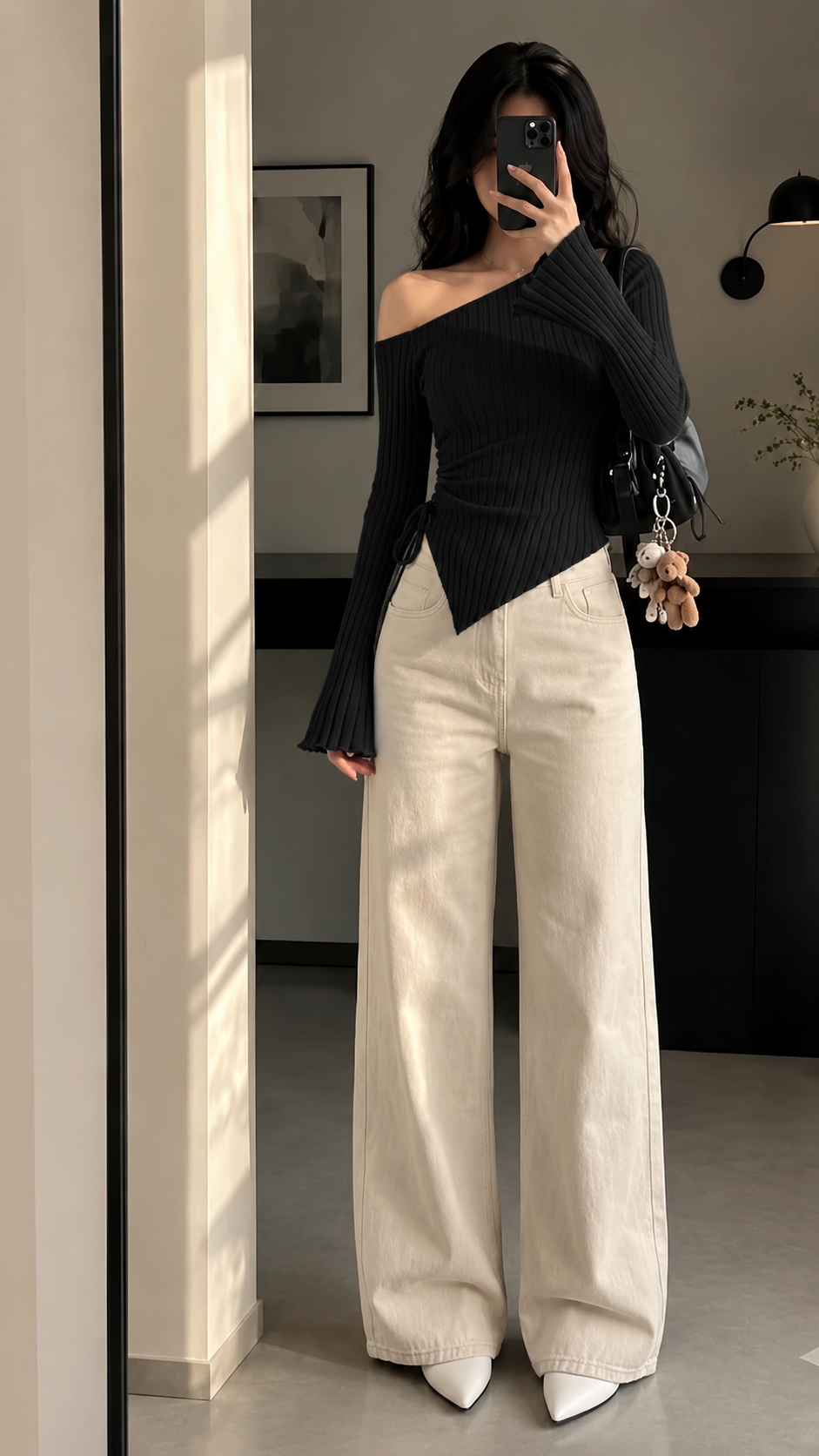 Women’s Black Ribbed One Shoulder Top with Long Flared Sleeves Ruched Asymmetrical Stylish Fit