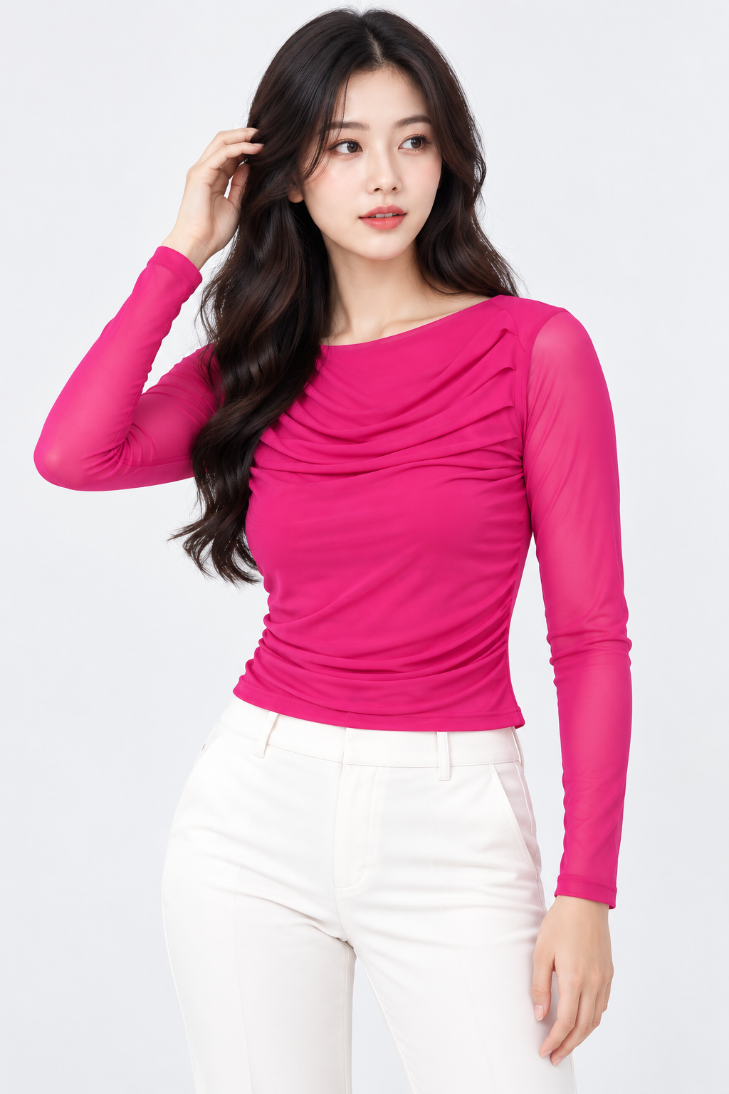 Women’s Pink Mesh Net Ruched Top: Long Sleeve Fitted Stretchable Crop Top