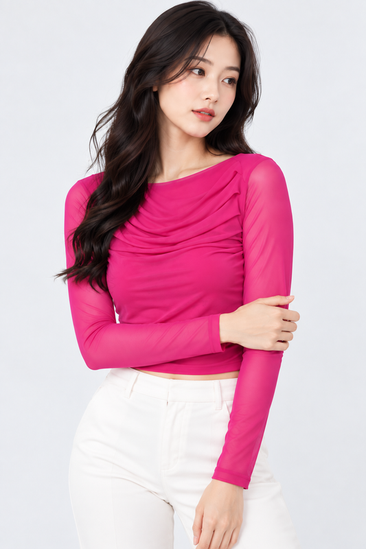 Women’s Pink Mesh Net Ruched Top: Long Sleeve Fitted Stretchable Crop Top