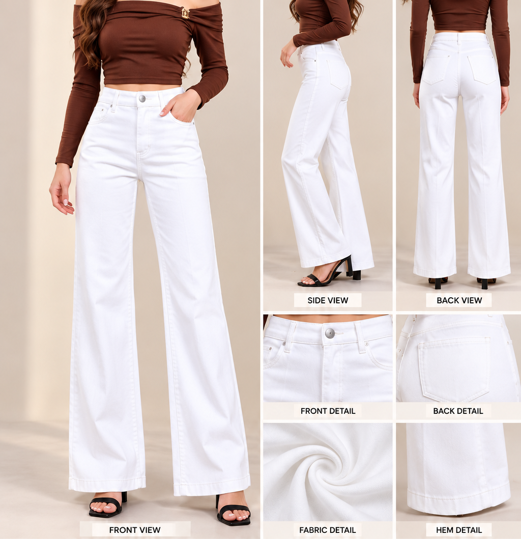 Women’s White High-Waisted Wide-Leg Jeans, Stylish Full-Length Casual & Party Wear Trousers