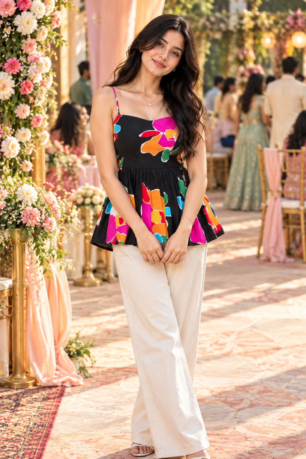 Women’s Black Floral Printed Peplum Top with Spaghetti Straps, Flared Fit & Stylish Casual Party Wear