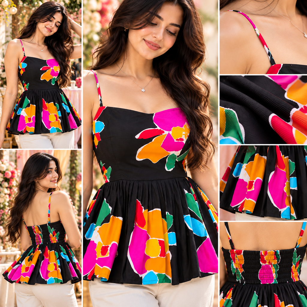 Women’s Black Floral Printed Peplum Top with Spaghetti Straps, Flared Fit & Stylish Casual Party Wear