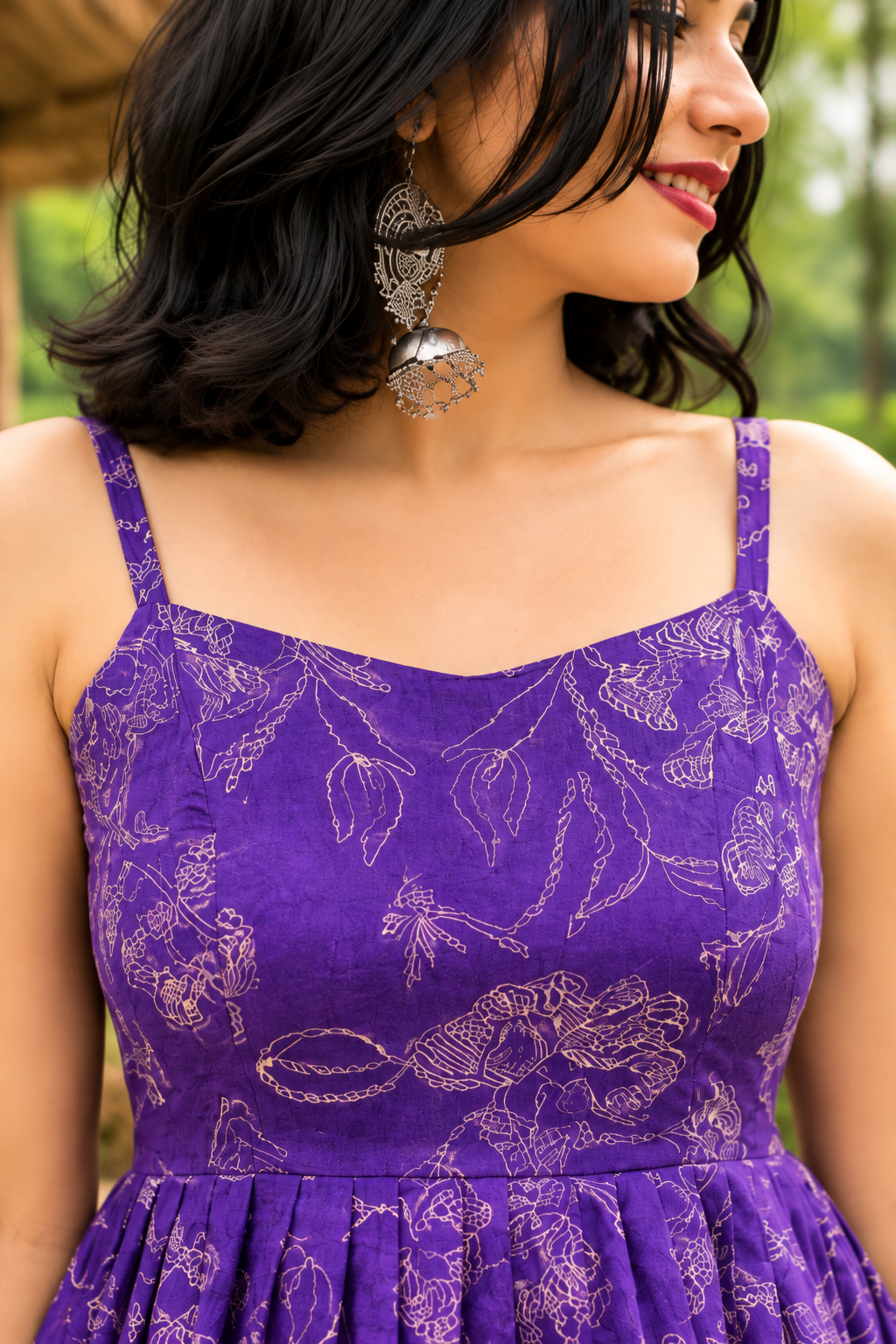 Purple Floral Print Fit & Flare Dress for Women with Pleated Design, Spaghetti Straps & Flowy Silhouette