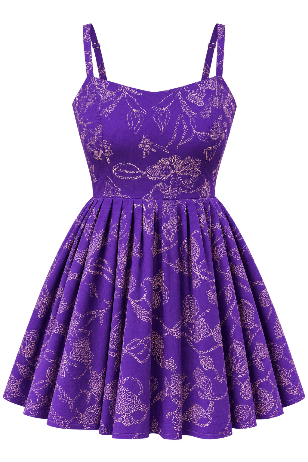 Purple Floral Print Fit & Flare Dress for Women with Pleated Design, Spaghetti Straps & Flowy Silhouette